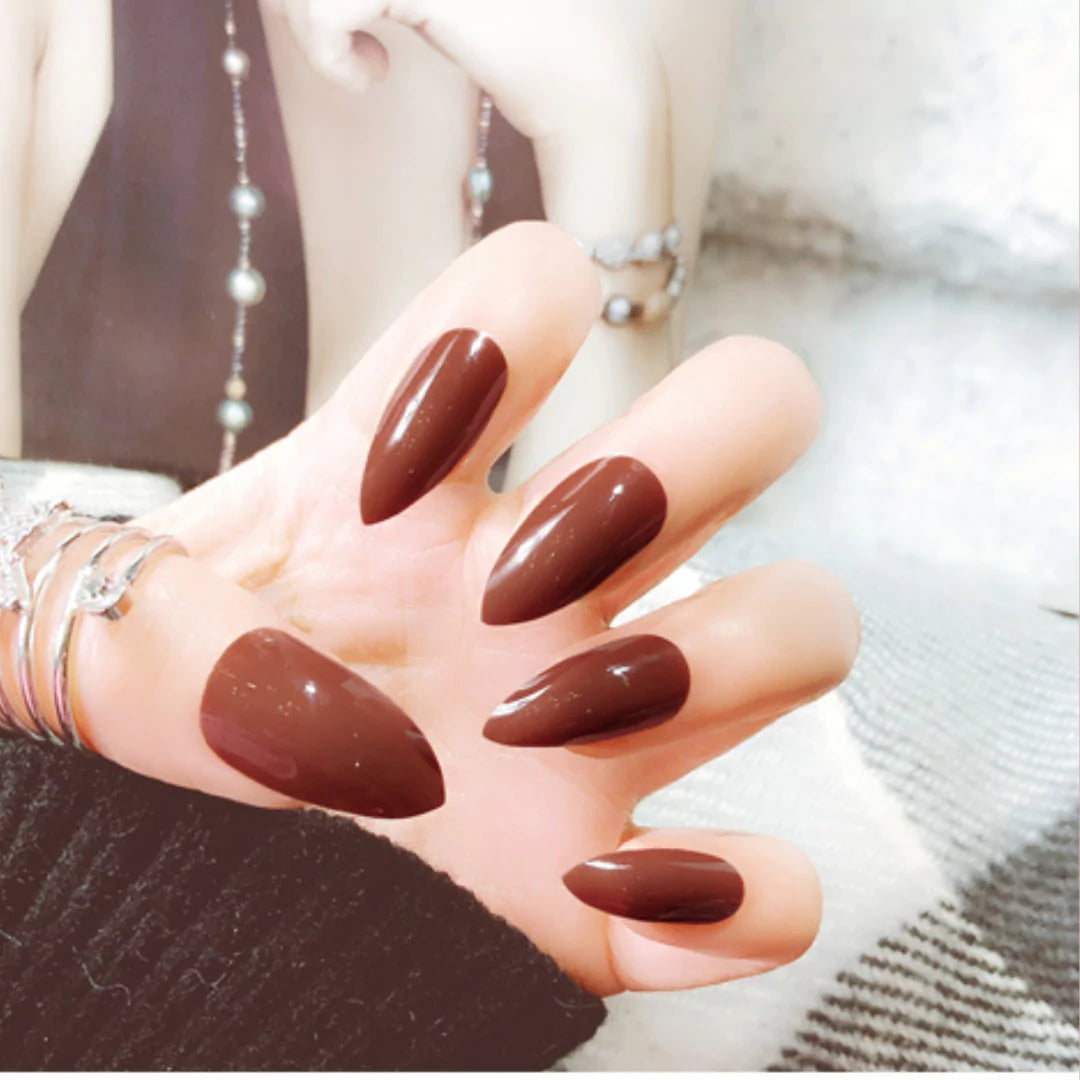 BROWN STILETTO GLOSSY NAILS