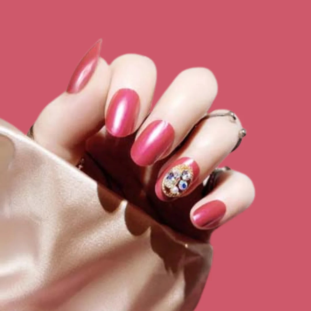 ROSY RED GEMSTONE BRIDAL NAILS