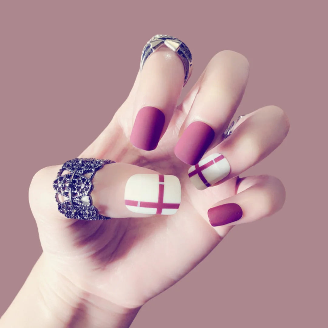 MAROON WHITE LINES NAILS