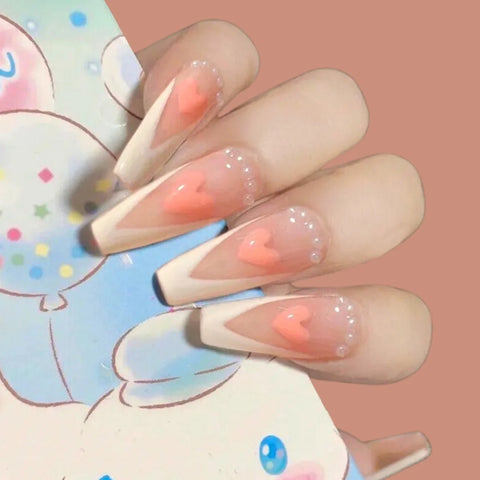 LONG PEACH HEART WHITE NAILS