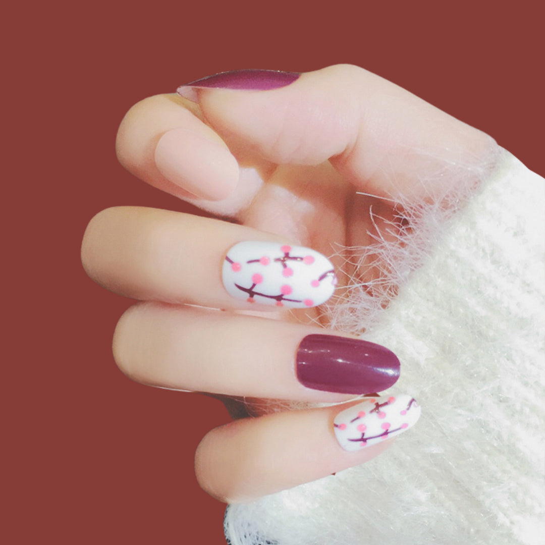 CHERRY MAROON WHITE AND PEACH NAILS  - R026
