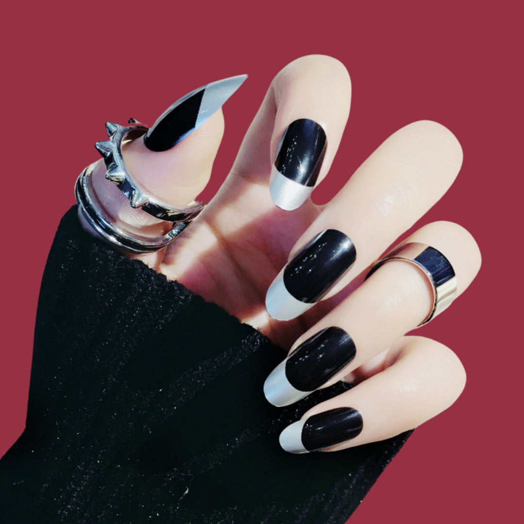 BLACK GREY TIP FRENCH NAILS  - R050