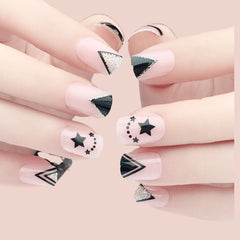 BLACK STAR AND GLITTER TRIANGLE NAILS - R051